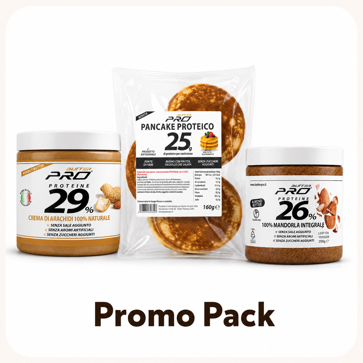 Pancake Proteico 160gr + Butter Pro burro di arachidi Smooth 500gr + Butter Pro burro di mandorla integrale 250gr